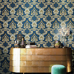 Galerie Wallcoverings Product Code: 42509 - Opulence Wallpaper Collection Galerie Wallcoverings Product Code 42509 - Opulence Wallpaper Collection - Navy Blue Gold Colours - Luxury Italian Damask Design