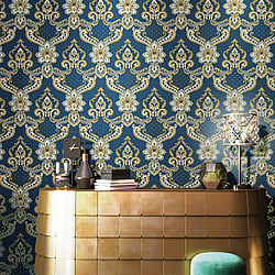 Galerie Wallcoverings Product Code: 42509 - Opulence Wallpaper Collection Galerie Wallcoverings Product Code 42509 - Opulence Wallpaper Collection - Navy Blue Gold Colours - Luxury Italian Damask Design
