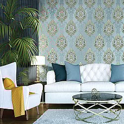 Galerie Wallcoverings Product Code: 42526 - Opulence Wallpaper Collection Galerie Wallcoverings Product Code 42526 - Opulence Wallpaper Collection - Blue Gold Colours - Large Damask Design