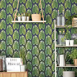 Galerie Wallcoverings Product Code: 7328 - Evergreen Wallpaper Collection Galerie Wallcoverings Product Code 7328 - Evergreen Wallpaper Collection - Green Navy Colours - Leaf Stripe Design