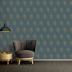 Galerie Wallcoverings Product Code: AC60004 - Absolutely Chic Wallpaper Collection Galerie Wallcoverings Product Code AC60004 - Absolutely Chic Wallpaper Collection - Blue Yellow Metallic Colours - Peacock Feather Motif Design