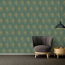 Galerie Wallcoverings Product Code: AC60006 - Absolutely Chic Wallpaper Collection Galerie Wallcoverings Product Code AC60006 - Absolutely Chic Wallpaper Collection - Yellow Green Metallic Colours - Peacock Feather Motif Design