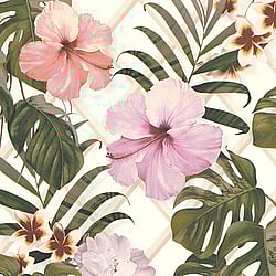 Galerie Wallcoverings Product Code: ES31142 - Escape Wallpaper Collection Galerie Wallcoverings Product Code ES31142 - Escape Wallpaper Collection - White, Cream, Green, Pink, Purple, Orange, Taupe Colours - Tropical Hibiscus Design
