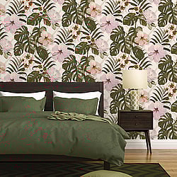 Galerie Wallcoverings Product Code: ES31142 - Escape Wallpaper Collection Galerie Wallcoverings Product Code ES31142 - Escape Wallpaper Collection - White, Cream, Green, Pink, Purple, Orange, Taupe Colours - Tropical Hibiscus Design