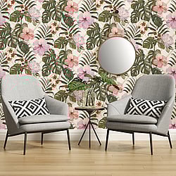 Galerie Wallcoverings Product Code: ES31142 - Escape Wallpaper Collection Galerie Wallcoverings Product Code ES31142 - Escape Wallpaper Collection - White, Cream, Green, Pink, Purple, Orange, Taupe Colours - Tropical Hibiscus Design