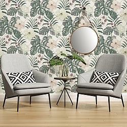 Galerie Wallcoverings Product Code: ES31143 - Escape Wallpaper Collection Galerie Wallcoverings Product Code ES31143 - Escape Wallpaper Collection - White, Green, Pink, Grey Colours - Tropical Hibiscus Design