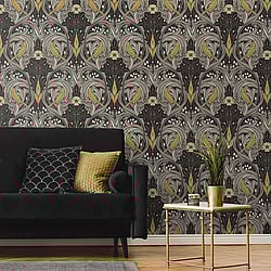 Galerie Wallcoverings Product Code: ET12208 - Arts and Crafts Wallpaper Collection Galerie Wallcoverings Product Code ET12208 - Arts and Crafts Wallpaper Collection - Charcoal Grey Yellow Colours - Bird Scroll Design
