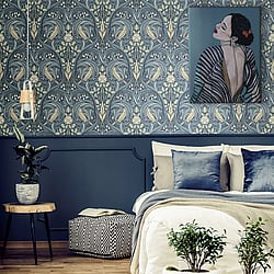 Galerie Wallcoverings Product Code: ET12212 - Arts and Crafts Wallpaper Collection Galerie Wallcoverings Product Code ET12212 - Arts and Crafts Wallpaper Collection - Blue Olive Beige Colours - Bird Scroll Design