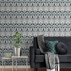 Galerie Wallcoverings Product Code: ET12404 - Arts and Crafts Wallpaper Collection Galerie Wallcoverings Product Code ET12404 - Arts and Crafts Wallpaper Collection - Black Blue Grey Colours - Dragonfly Damask Design