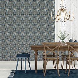 Galerie Wallcoverings Product Code: FH37542 - Homestyle Wallpaper Collection Galerie Wallcoverings Product Code FH37542 - Homestyle Wallpaper Collection - White Blue Gold Colours - Floral Tile Design
