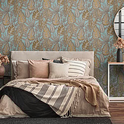 Galerie Wallcoverings Product Code: FL61114 - Flourish Wallpaper Collection Galerie Wallcoverings Product Code FL61114 - Flourish Wallpaper Collection - Beige/Blue Colours - Grafic Leaves Motif Design
