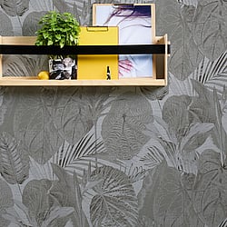 Galerie Wallcoverings Product Code: FL61160 - Flourish Wallpaper Collection Galerie Wallcoverings Product Code FL61160 - Flourish Wallpaper Collection - Grey/Black Colours - Jungle Leaves Motif Design