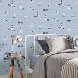 Galerie Wallcoverings Product Code: G23313 - Deauville 2 Wallpaper Collection Galerie Wallcoverings Product Code G23313 - Deauville 2 Wallpaper Collection - Sky Blue Red White Colours - Beach Huts Design