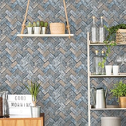 Galerie Wallcoverings Product Code: G45425 - Just Kitchens Wallpaper Collection Galerie Wallcoverings Product Code G45425 - Just Kitchens Wallpaper Collection - Blues Taupe Colours - Herringbone Brick Design