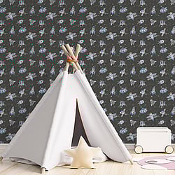 Galerie Wallcoverings Product Code: G78410 - Tiny Tots 2 Wallpaper Collection Galerie Wallcoverings Product Code G78410 - Tiny Tots 2 Wallpaper Collection - Black Blue Orange Glitter Colours - Spaceships Design