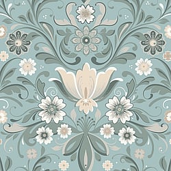 Galerie Wallcoverings Product Code: S24111 - Sommarang 2 Wallpaper Collection Galerie Wallcoverings Product Code S24111 - Sommarang 2 Wallpaper Collection - Turquoise Colours - Flowers with elegant swirls in perfect symmetry Design