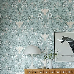 Galerie Wallcoverings Product Code: S24111 - Sommarang 2 Wallpaper Collection Galerie Wallcoverings Product Code S24111 - Sommarang 2 Wallpaper Collection - Turquoise Colours - Flowers with elegant swirls in perfect symmetry Design