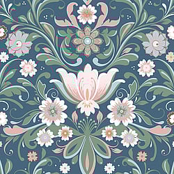 Galerie Wallcoverings Product Code: S24114 - Sommarang 2 Wallpaper Collection Galerie Wallcoverings Product Code S24114 - Sommarang 2 Wallpaper Collection - Blue Colours - Flowers with elegant swirls in perfect symmetry Design